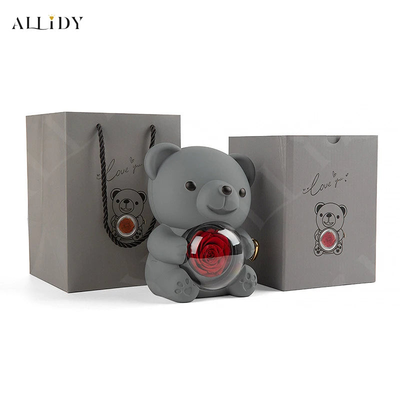 Real Preserved Eternal Rose Teddy/Hugging Bear Jewelry Storage Box Home Decoration Valentine's Day Gift Box
