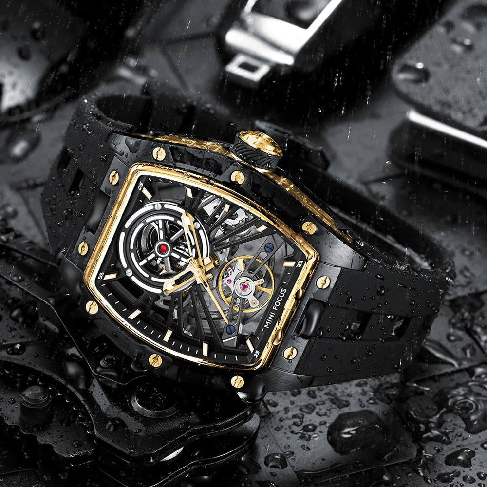 MINIFOCUS Men's Bestseller Barrel Automatic Mechanical Watch Full Skeleton Stainless Steel Case Trendy Fathers Day Gift for Him