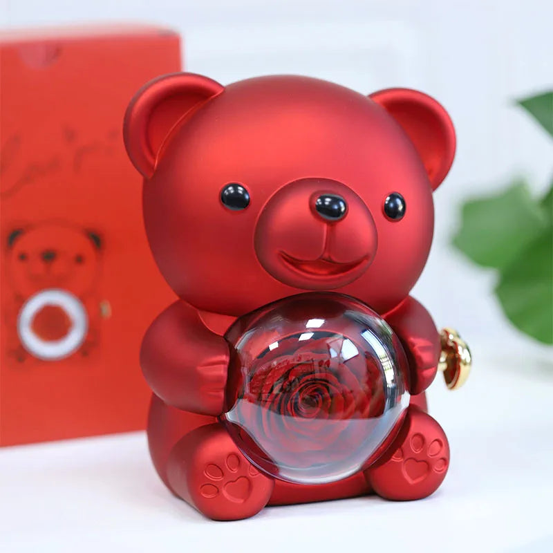 Real Preserved Eternal Rose Teddy/Hugging Bear Jewelry Storage Box Home Decoration Valentine's Day Gift Box