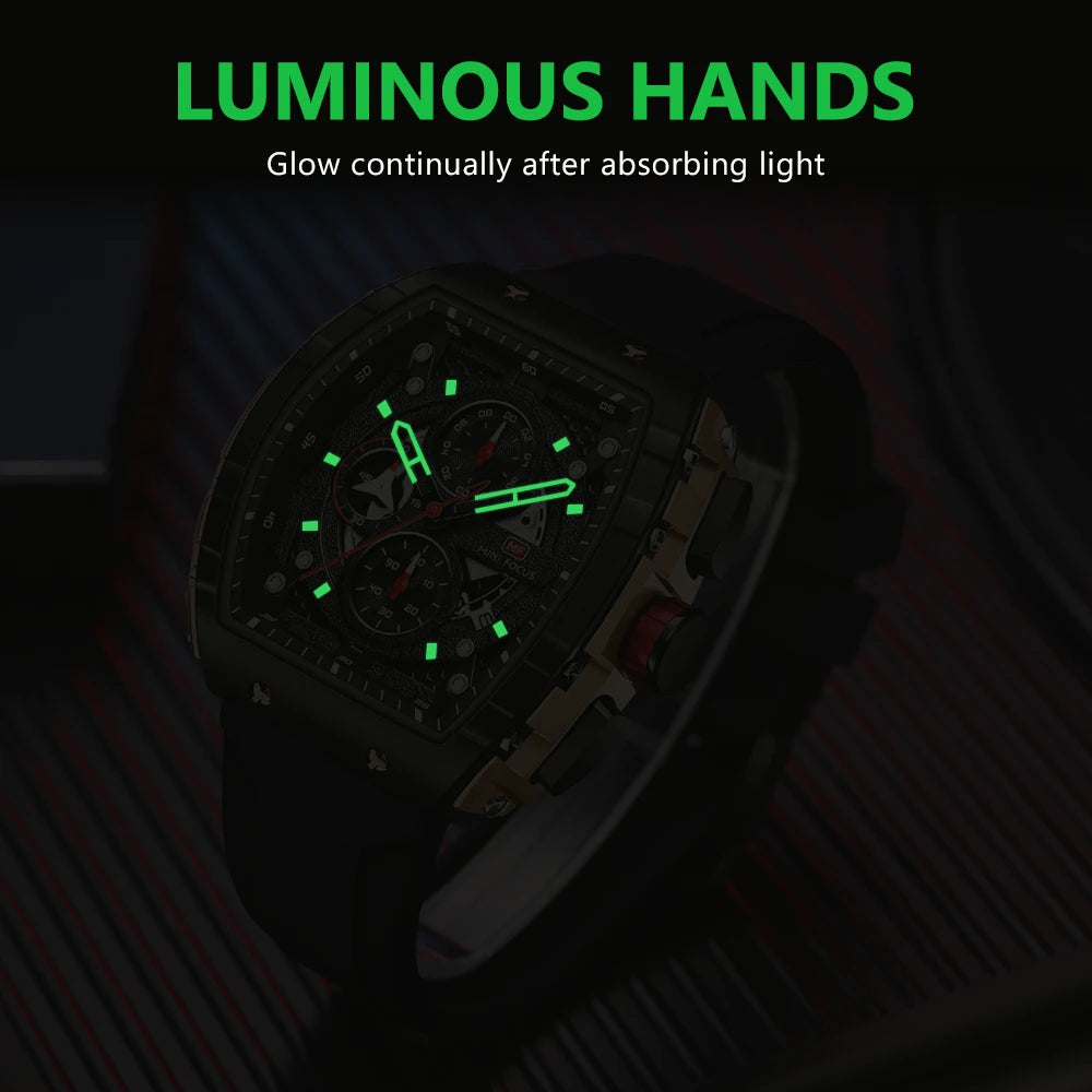 MINIFOCUS Luxury Mens Sports Watch Barrel Curved Glass Waterproof Luminous Automatic Analog Wristwatch for Outdoor & Business