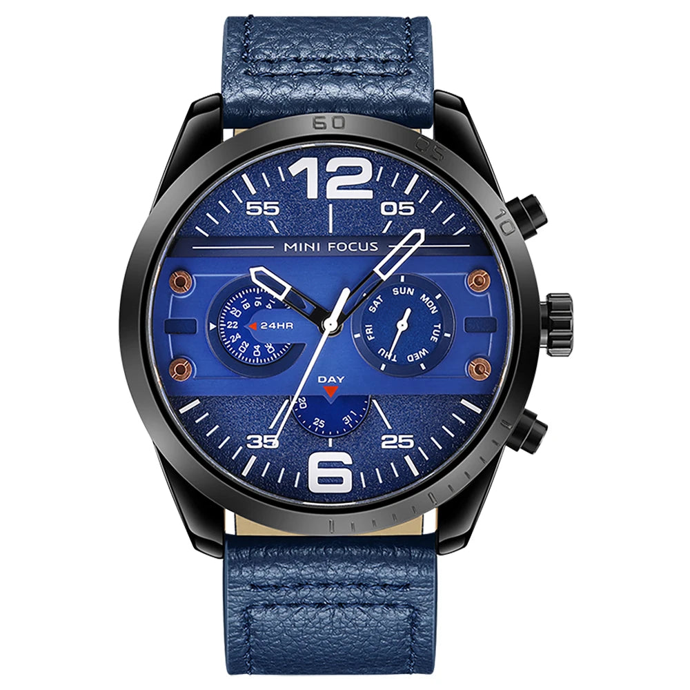 MINIFOCUS Men's Japanese Black Quartz Watch Multifunction Waterproof True Belt Trendy Casual Fashion Watch Gift for Men