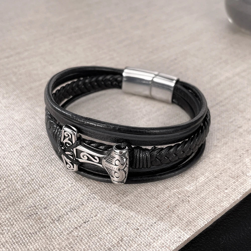 Men’s Vintage Geometric Leather Bracelet – Multi-Layer Braided Wristband with Stainless Steel Accents, Retro European Style