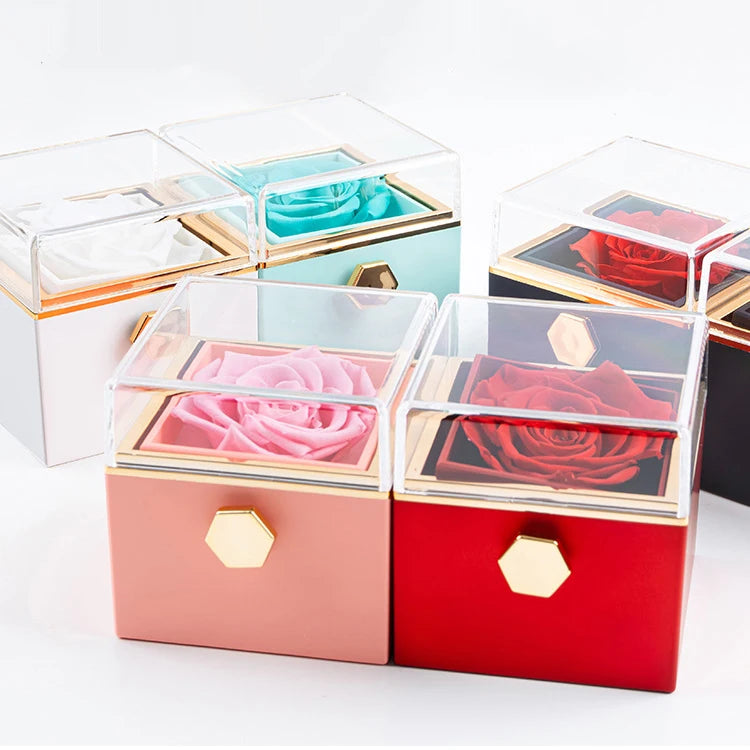 Mother's Day Valentine Gift Silver Love Zircon Ring and Rose Gift Box Set for Mother Girlfriend Wife Lover Sister