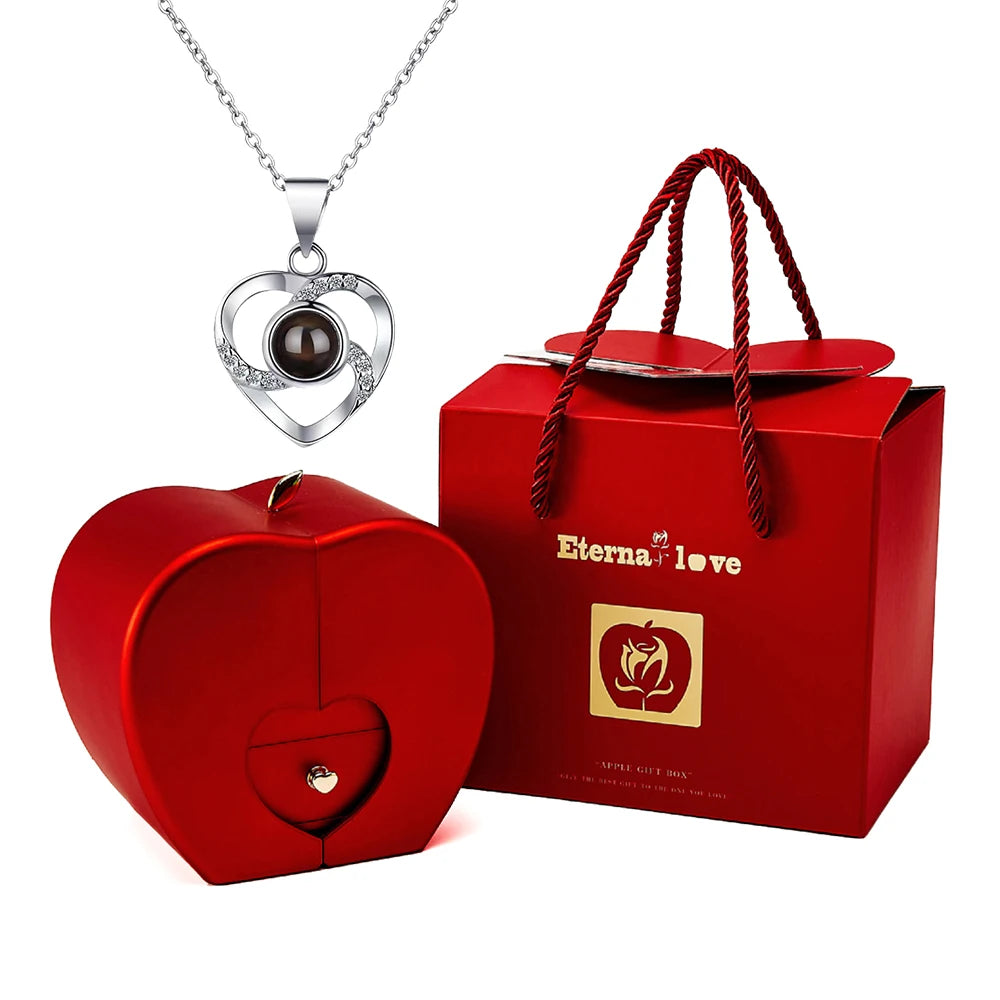 Mother’s Day Jewelry Gift Set – 100 Languages I Love You Projection Heart Necklace with Eternal Apple Flower Gift Box for Mom