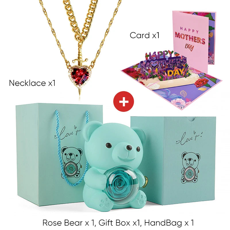 Mother's Day 3D Card Red Zircon Heart and Sword Necklace Double Necklace Real Rose Hug Bear Mothers Day Jewelry Gift Set for Mom