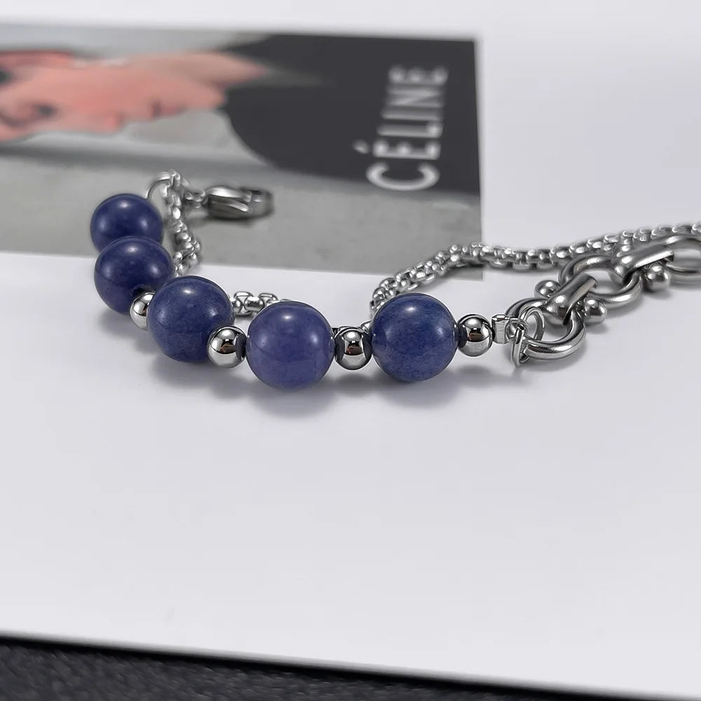 Unisex Double-Layer Chain Bracelet – Stainless Steel with Aventurine Stone, Niche Fashion Design for Men and Women