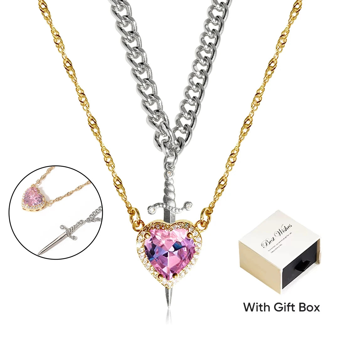 Heart and Sword Zircon Crystal Necklace 2pcs Women New Fashion Double Chain Pendant Female Mother's Day Gifts for Mom/Women