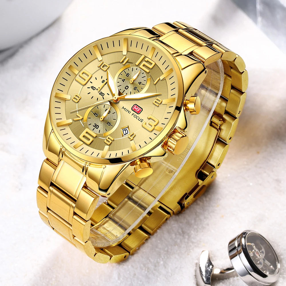 MINIFOCUS Golden Mens Luxury Watch Bold Large Dial Luminous Waterproof Stainless Steel Best Seller Middle East for Business Man