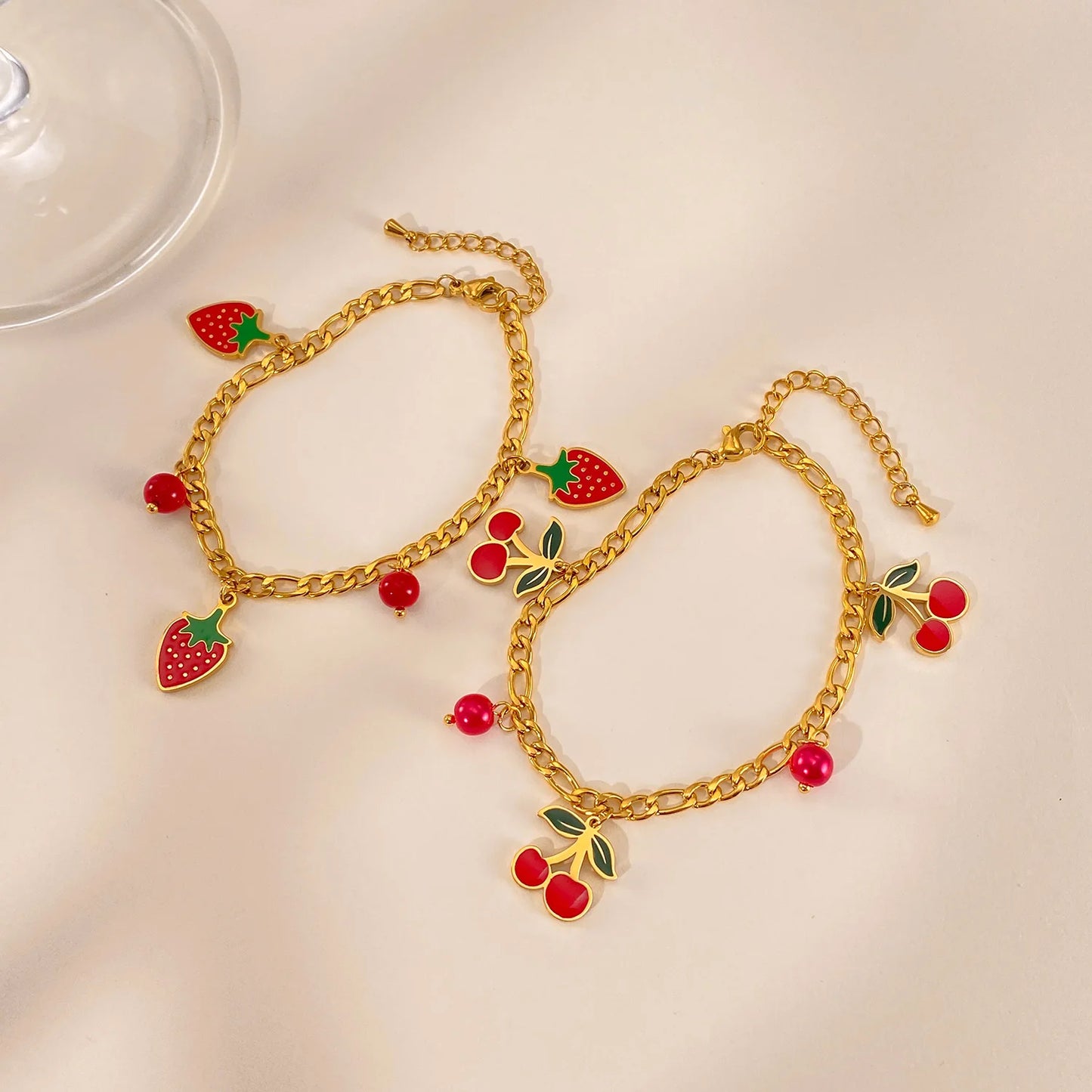 Fruit Charm Bracelet for Women – Stainless Steel Cherry Strawberry Enamel Titanium Steel Fashion Jewelry