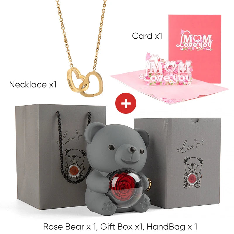 2025 New Beautiful 3D Mother's Day Card Roses Teddy Bear and Necklace Best Personalized Unique Mother’s Day Gifts for Mom