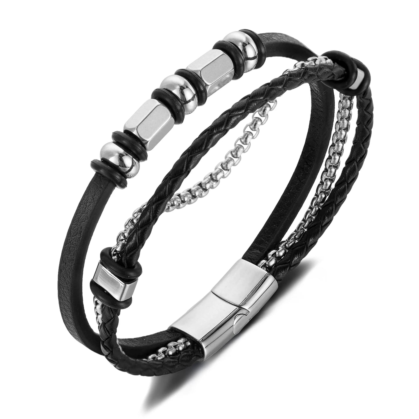 Men’s Creative Multi-Layer Leather Bracelet – Vintage Braided Wristband with Stainless Steel Chain Accents