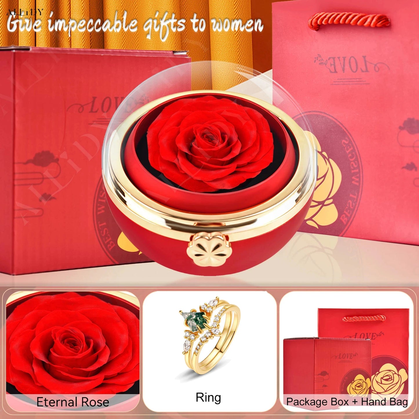 Creative Irregular Natural Green Moss Stone Aquatic Agate Retro Women's Two-Piece Ring With Real Eternal Rose Jewelry Box Set