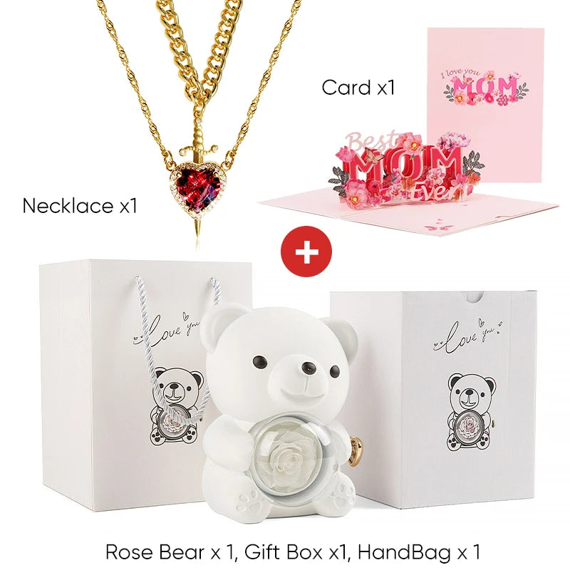 Mother's Day 3D Card Red Zircon Heart and Sword Necklace Double Necklace Real Rose Hug Bear Mothers Day Jewelry Gift Set for Mom