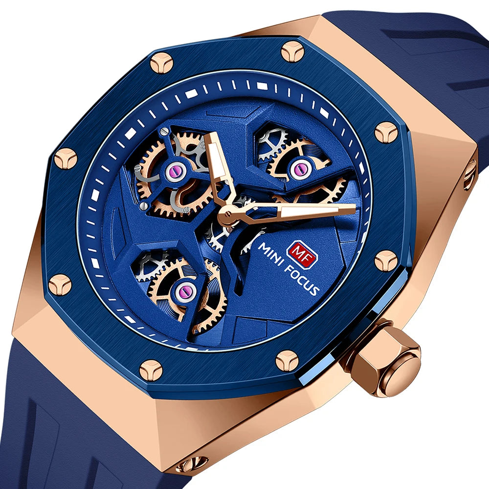 MINIFOCUS Skeleton Sport Men’s Watch Waterproof Japanese Quartz Movement Casual Wristwatch for Business Outdoor Gift for Him