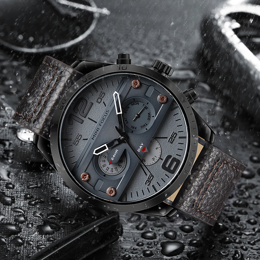 MINIFOCUS Men's Japanese Black Quartz Watch Multifunction Waterproof True Belt Trendy Casual Fashion Watch Gift for Men
