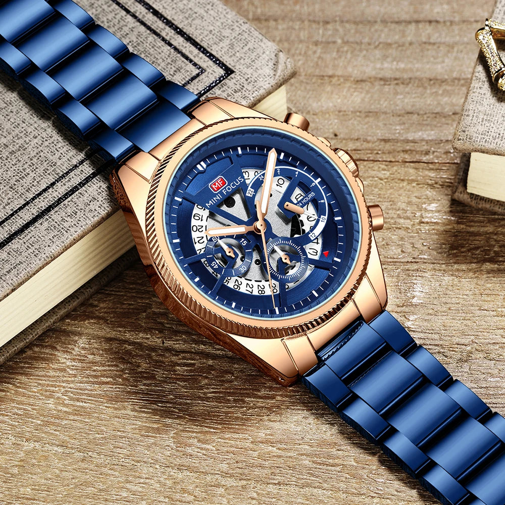 MINIFOCUS Men’s Skeleton-Style Quartz Watch Multifunction Waterproof Stainless Steel Business Sport Wristwatch Father’s Day Gift