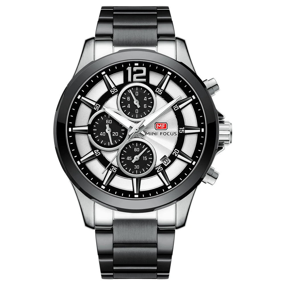 MINIFOCUS Men’s Luxury Automatic Mechanical Watch Six‑Hand Chronograph Date Luminous Waterproof Stainless Steel Band Business