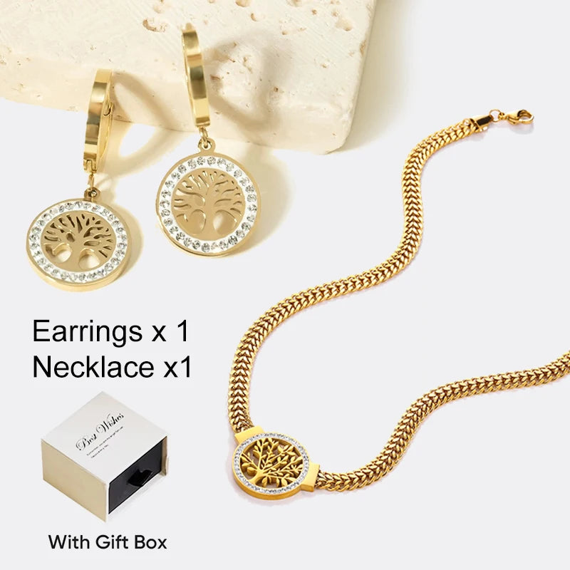 Vintage Fashion Life Tree Pendant Necklace Hollow Zircon Stainless Steel Necklace Bracelet Earrings Jewelry Set Women's