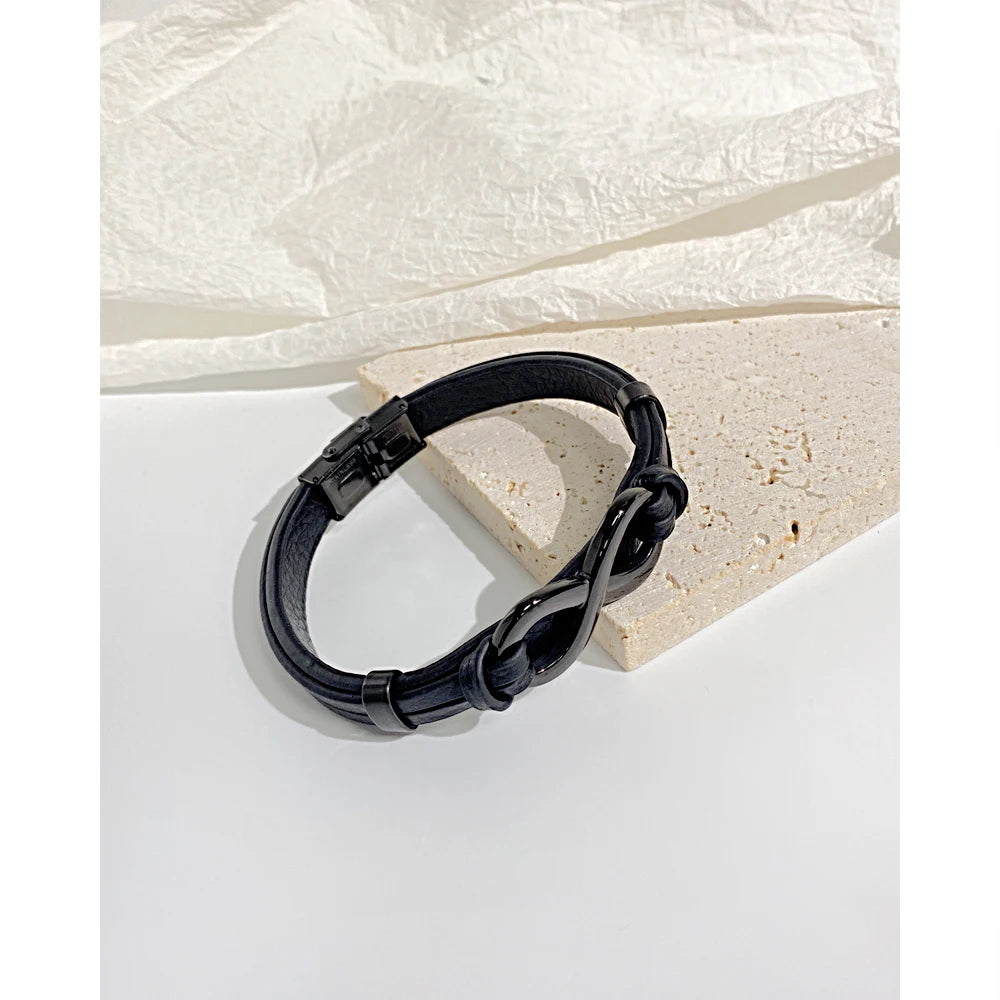 Men’s Infinity Symbol Leather Bracelet – Adjustable Stainless Steel Wristband, European Street Style