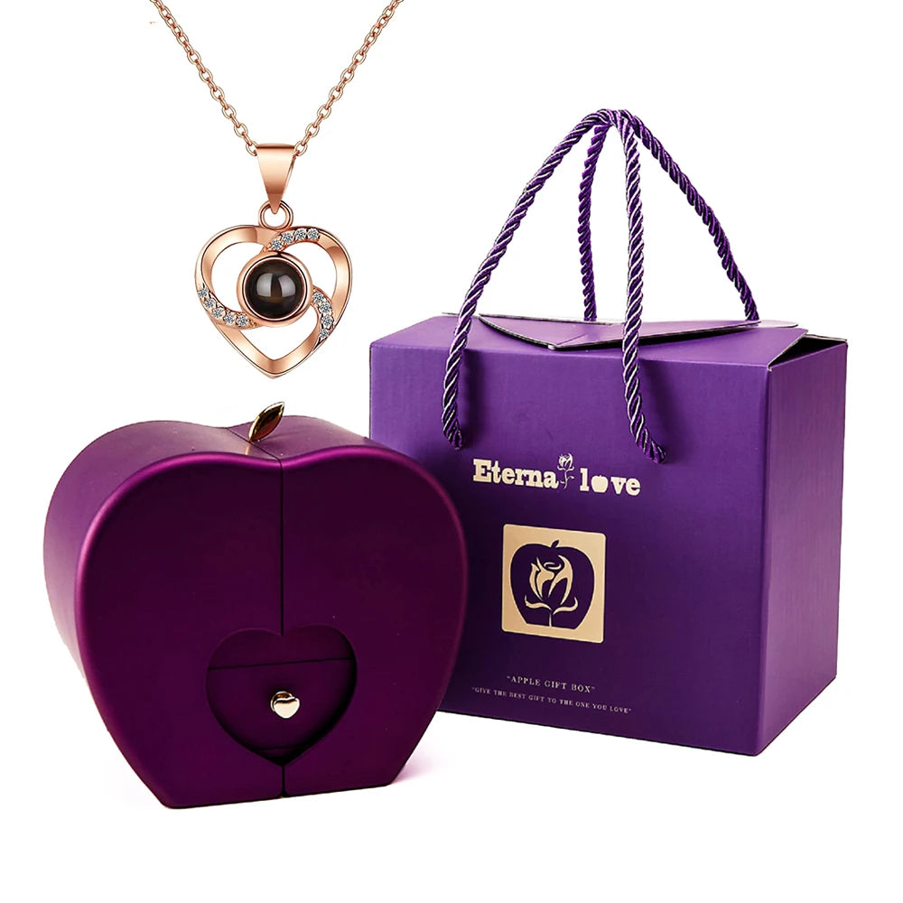 Mother’s Day Jewelry Gift Set – 100 Languages I Love You Projection Heart Necklace with Eternal Apple Flower Gift Box for Mom