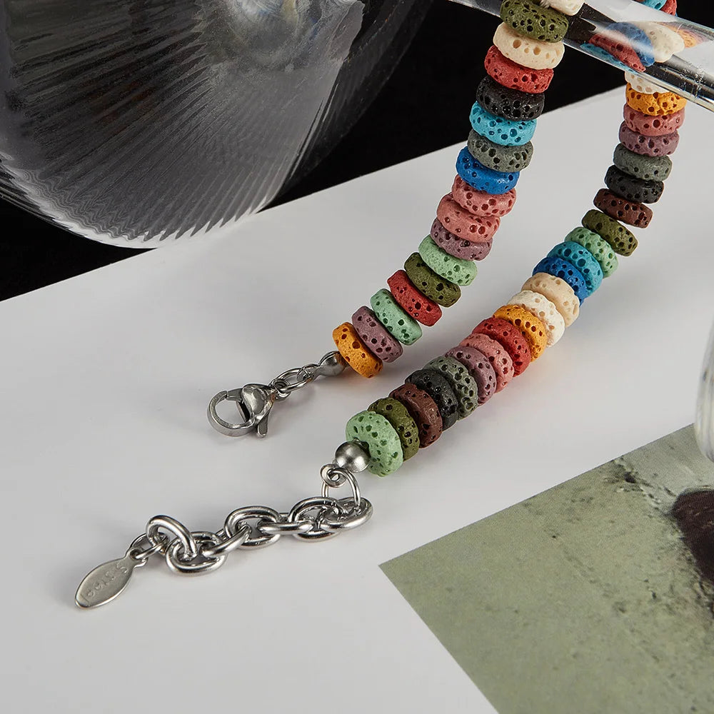 Unisex Stainless Steel Lava Stone Chain Bracelet – Colorful Volcanic Rock Titanium Steel Fashion Jewelry