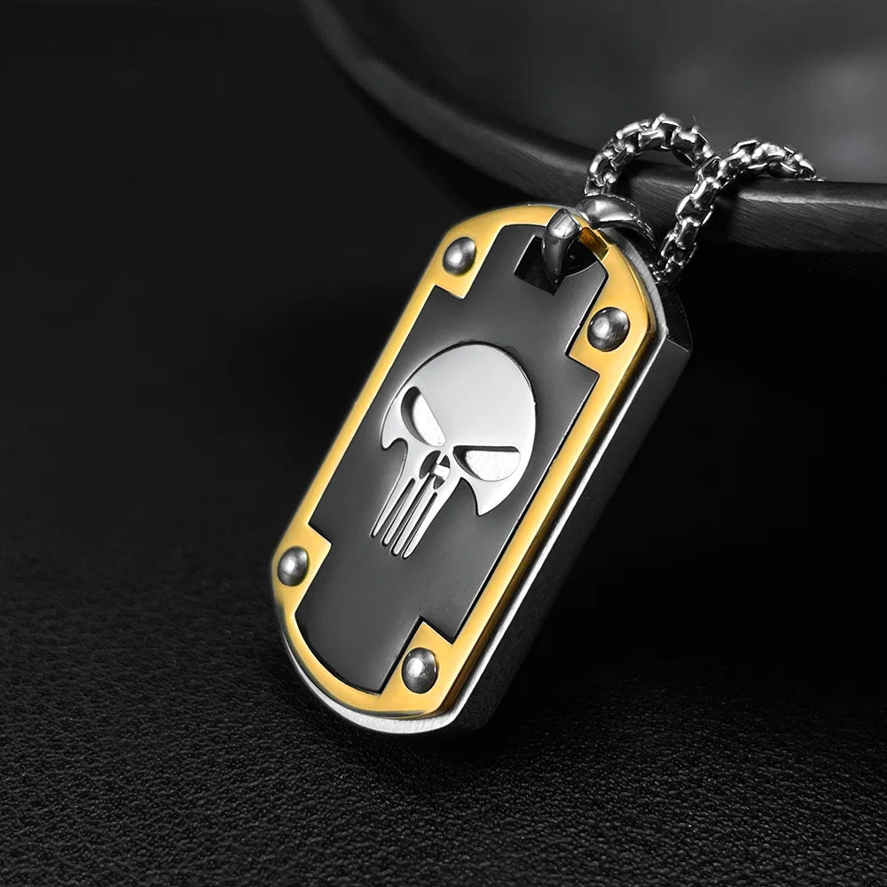 Men’s Skull Dog Tag Pendant Necklace – Hip Hop Military Style Stainless Steel Chain