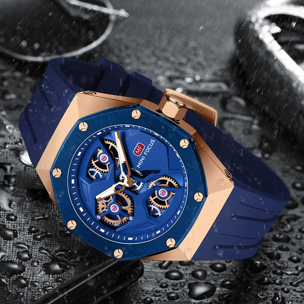 MINIFOCUS Skeleton Sport Men’s Watch Waterproof Japanese Quartz Movement Casual Wristwatch for Business Outdoor Gift for Him