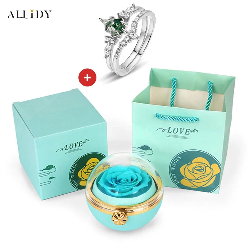 Creative Irregular Natural Green Moss Stone Aquatic Agate Retro Women's Two-Piece Ring With Real Eternal Rose Jewelry Box Set