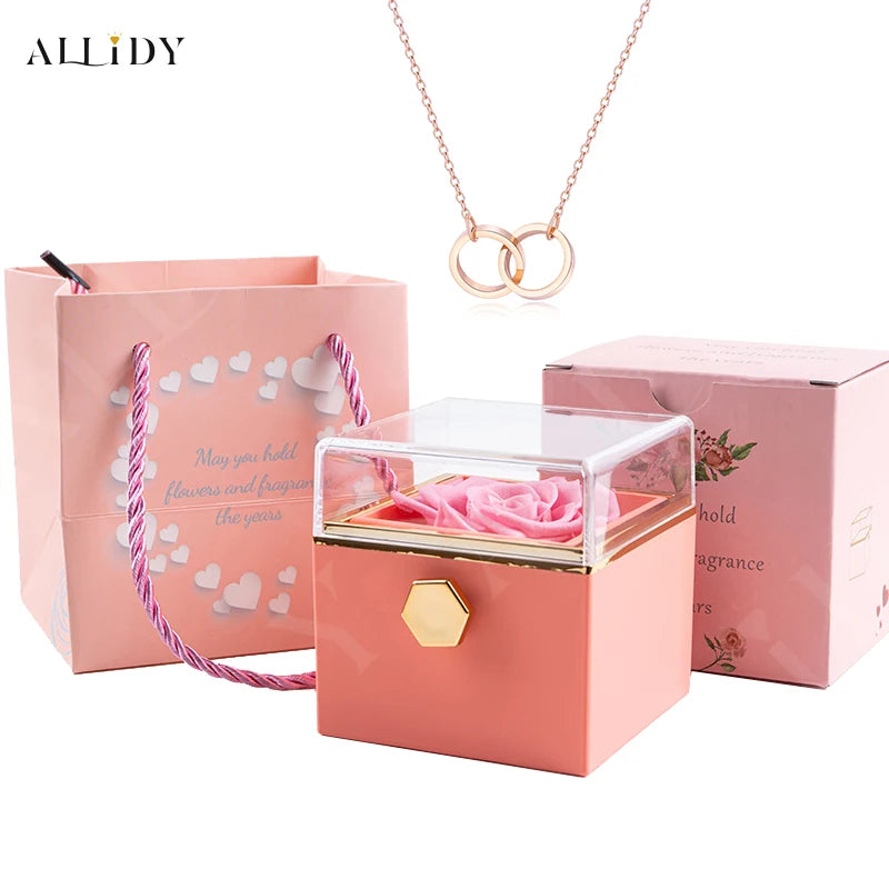 2025 New Valentine Eternal Rose Jewelry Ring Box Rotate Wedding Pendant Necklace Storage Case for Women Girlfriend