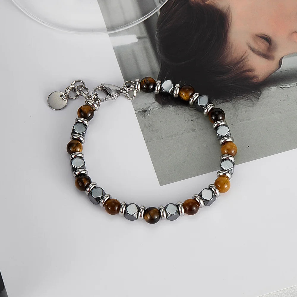 Men’s Tiger Eye & Black Onyx Beaded Bracelet – Stainless Steel Fashion Jewelry with Unique Design