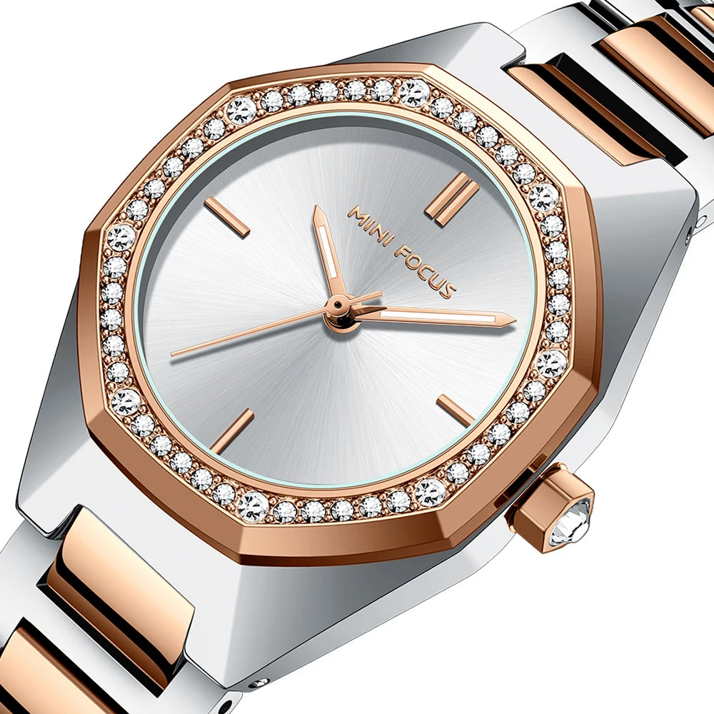 MINIFOCUS Women's Elegant Diamond Accented Octagon Quartz Watch Waterproof Stainless Band Luxury Fashion Watch Gift for Her