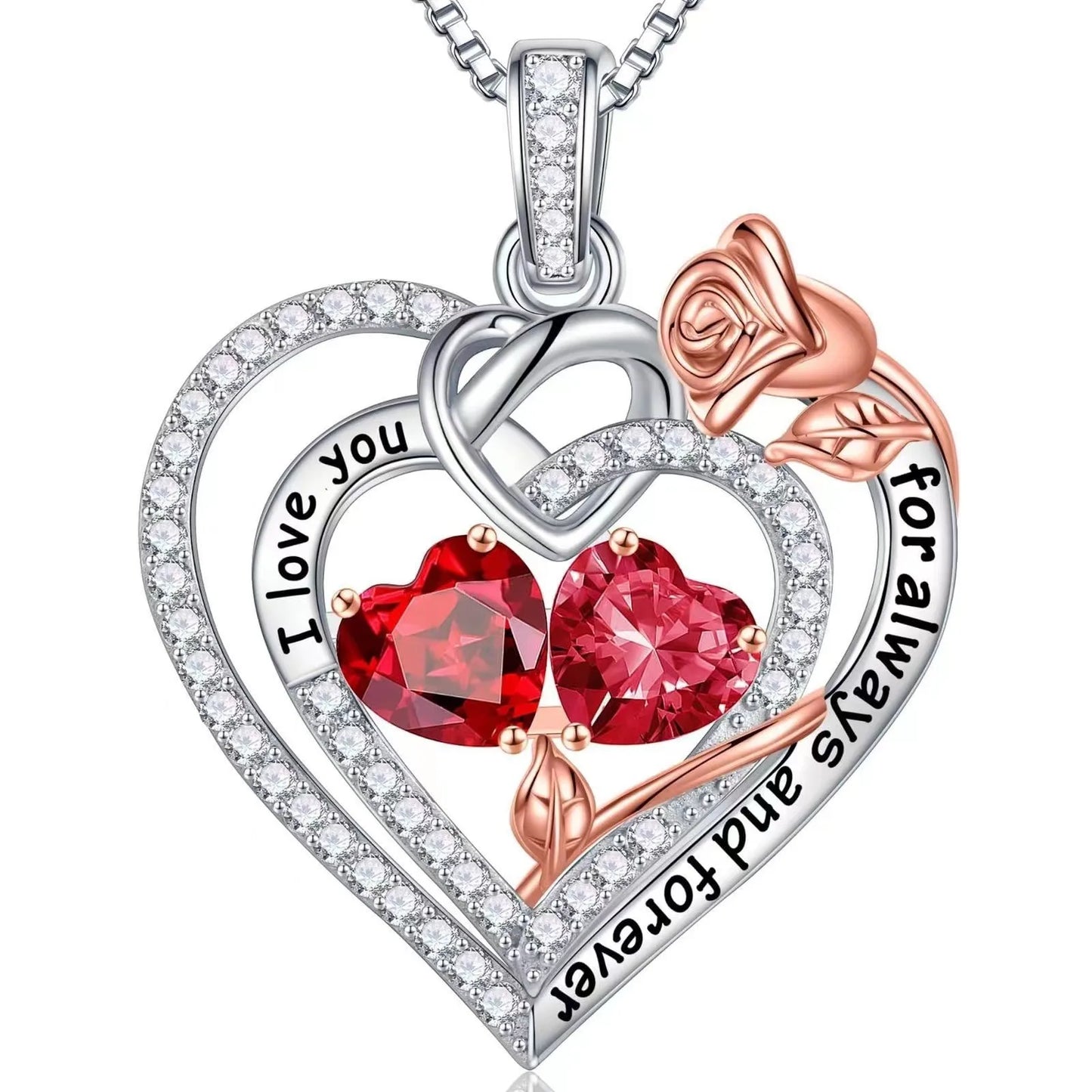 Fashion Double Heart Crystal Necklace with Rose Box – Perfect Gift Set for Women on Valentine's or Mother’s Day