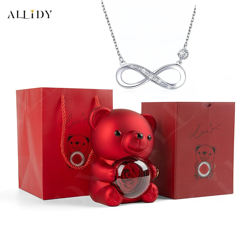2025 Mother's Day Gifts Idea 8-Character Infinite Love Necklace Real Rose Teddy Bear Jewelry Storage Gift Box for Wife Mom Women