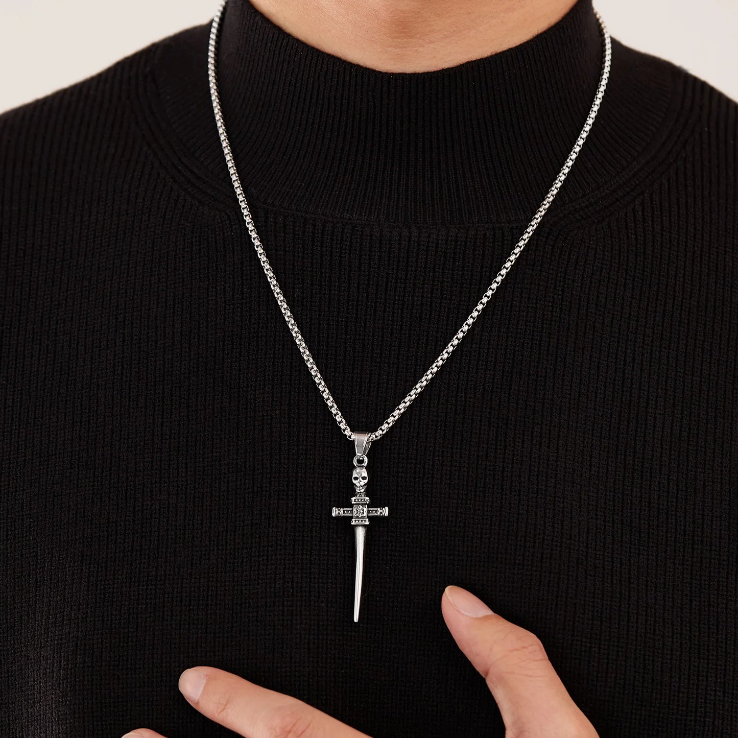 Men’s Skull Cross Sword Pendant Necklace – Retro Punk Stainless Steel Jewelry