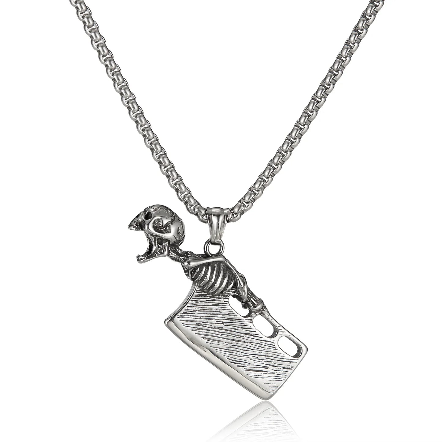 Men’s Punk Skull Cleaver Pendant Necklace – Retro Stainless Steel Butcher Knife Hip Hop Jewelry