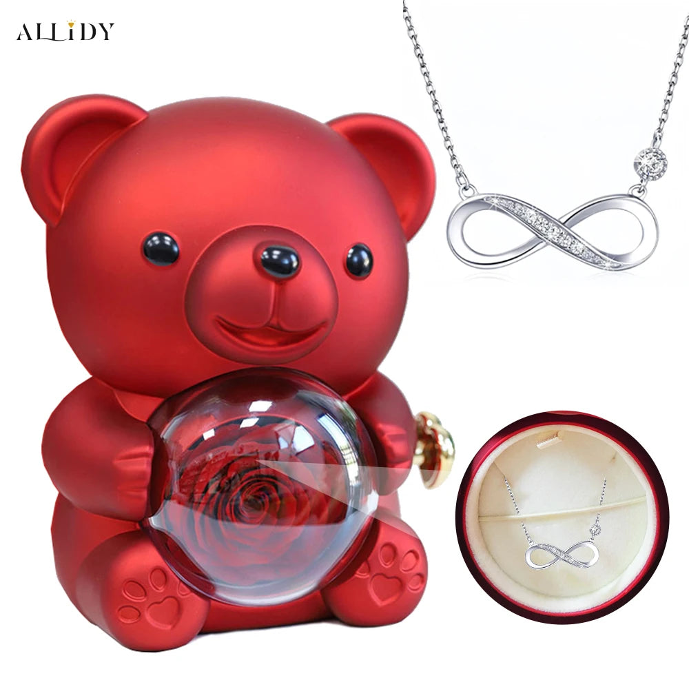 2025 Mother's Day Gifts Idea 8-Character Infinite Love Necklace Real Rose Teddy Bear Jewelry Storage Gift Box for Wife Mom Women