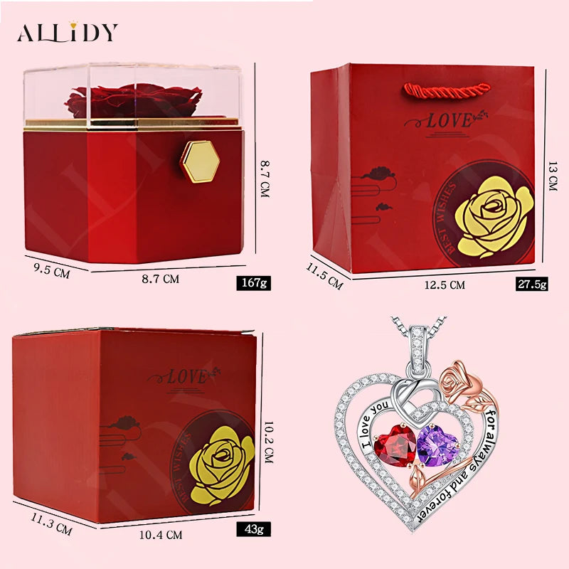 Fashion Double Heart Crystal Necklace with Rose Box – Perfect Gift Set for Women on Valentine's or Mother’s Day