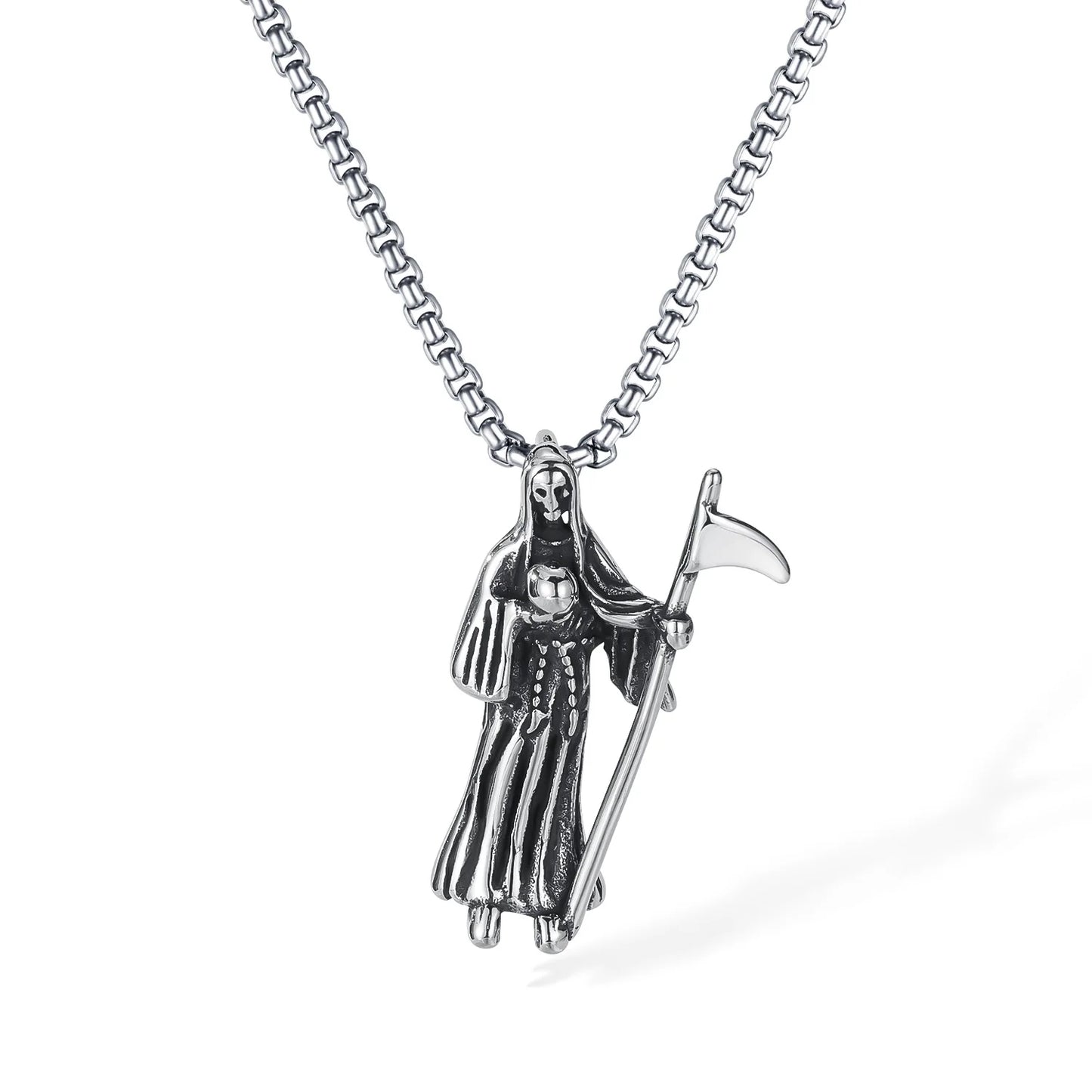 Men’s Reaper Scythe Pendant Necklace – Retro Punk Stainless Steel Grim Reaper Charm Chain