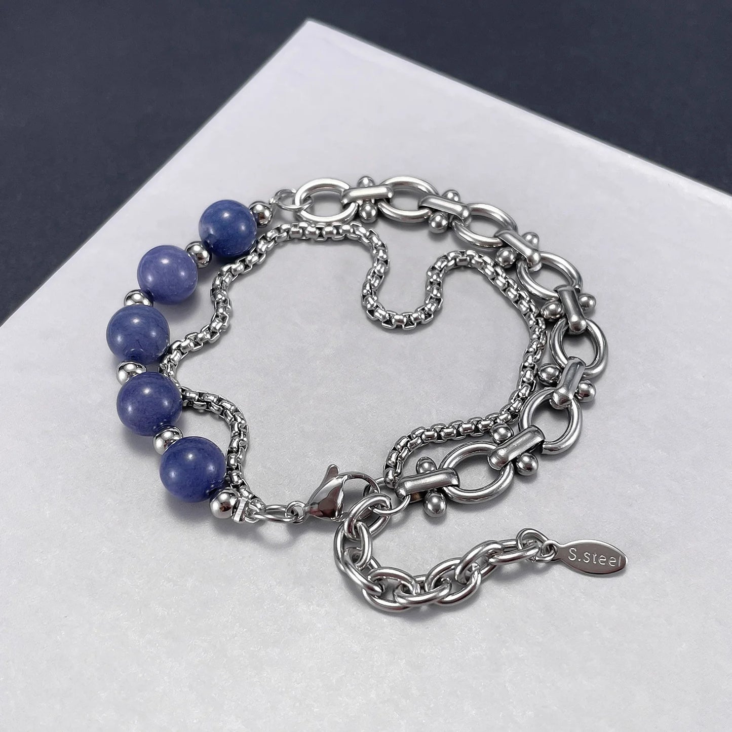 Unisex Double-Layer Chain Bracelet – Stainless Steel with Aventurine Stone, Niche Fashion Design for Men and Women