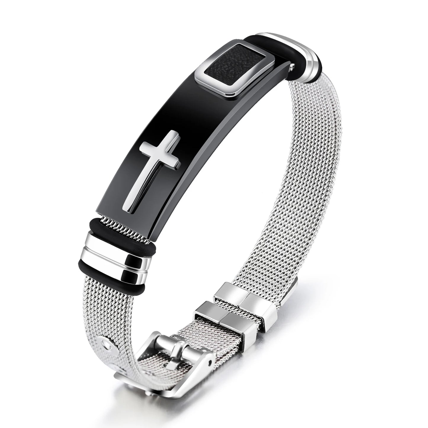 Menโs Vintage Punk Cross Bracelet โ Titanium Steel Mesh Band Wristband, Gothic Fashion Jewelry