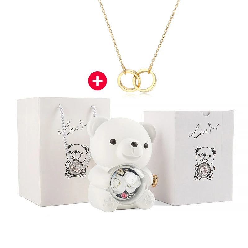 New Double Rose Eternal Rose Teddy Bear Jewelry Box with Custom Engraved Pendant Necklace – Perfect Valentine's Day Gift for Wom