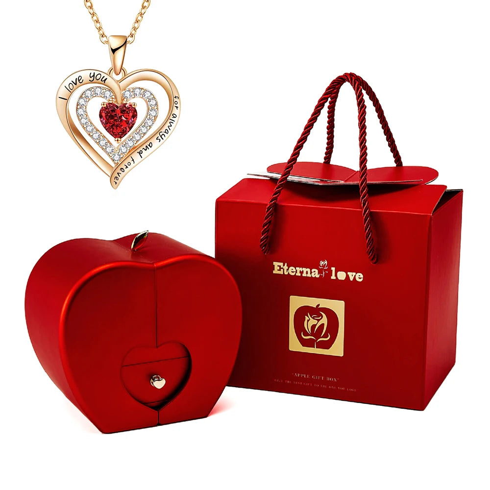 Hot Romantic Sakura Pink Eternal Rose Jewelry Box & Heart Gemstone Stainless Steel Necklace Mother's Day Surprise Gift for Women