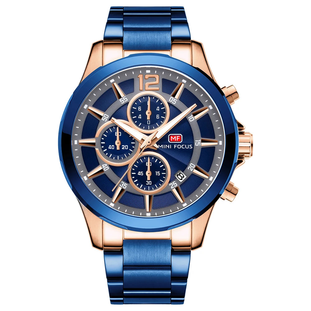 MINIFOCUS Men’s Luxury Automatic Mechanical Watch Six‑Hand Chronograph Date Luminous Waterproof Stainless Steel Band Business