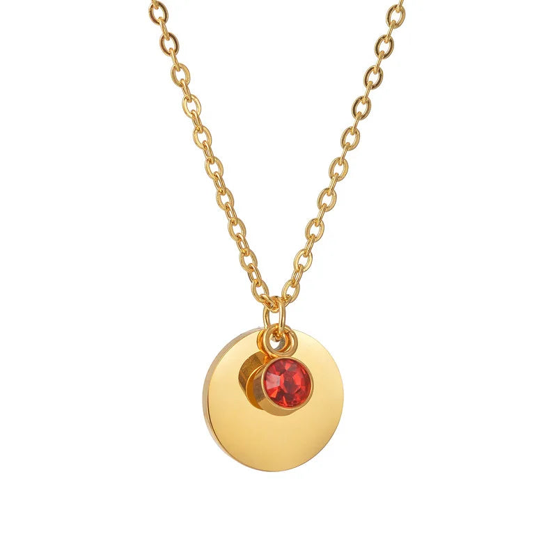 Stainless Steel Personalized Engraved Round Birthday Stone Pendant Necklace with Preserved Rose in Rotating Flower Gift Box