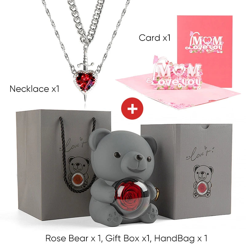 Mother's Day 3D Card Red Zircon Heart and Sword Necklace Double Necklace Real Rose Hug Bear Mothers Day Jewelry Gift Set for Mom