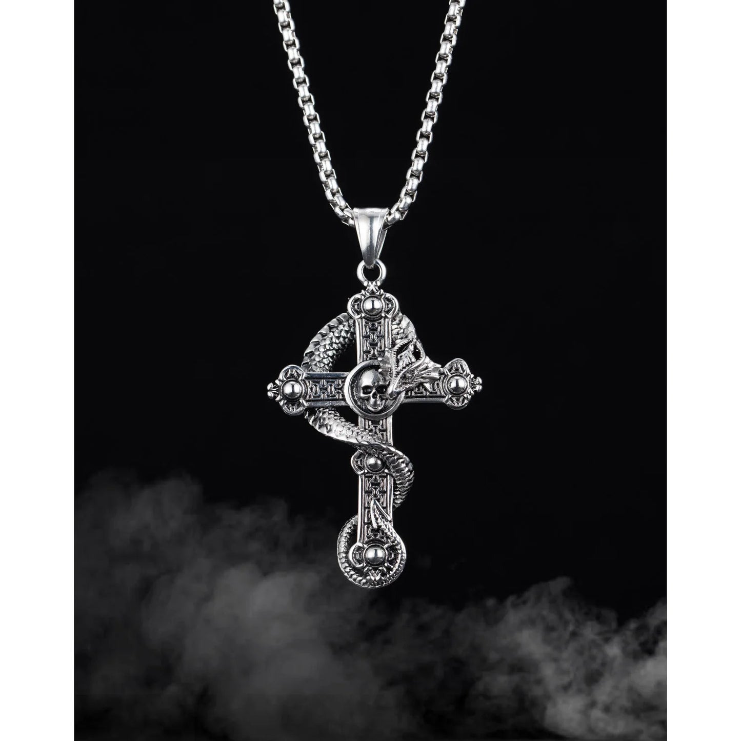 Vintage Dragon Skull Cross Necklace for Men – Gothic Titanium Steel Hip Hop Pendant Jewelry