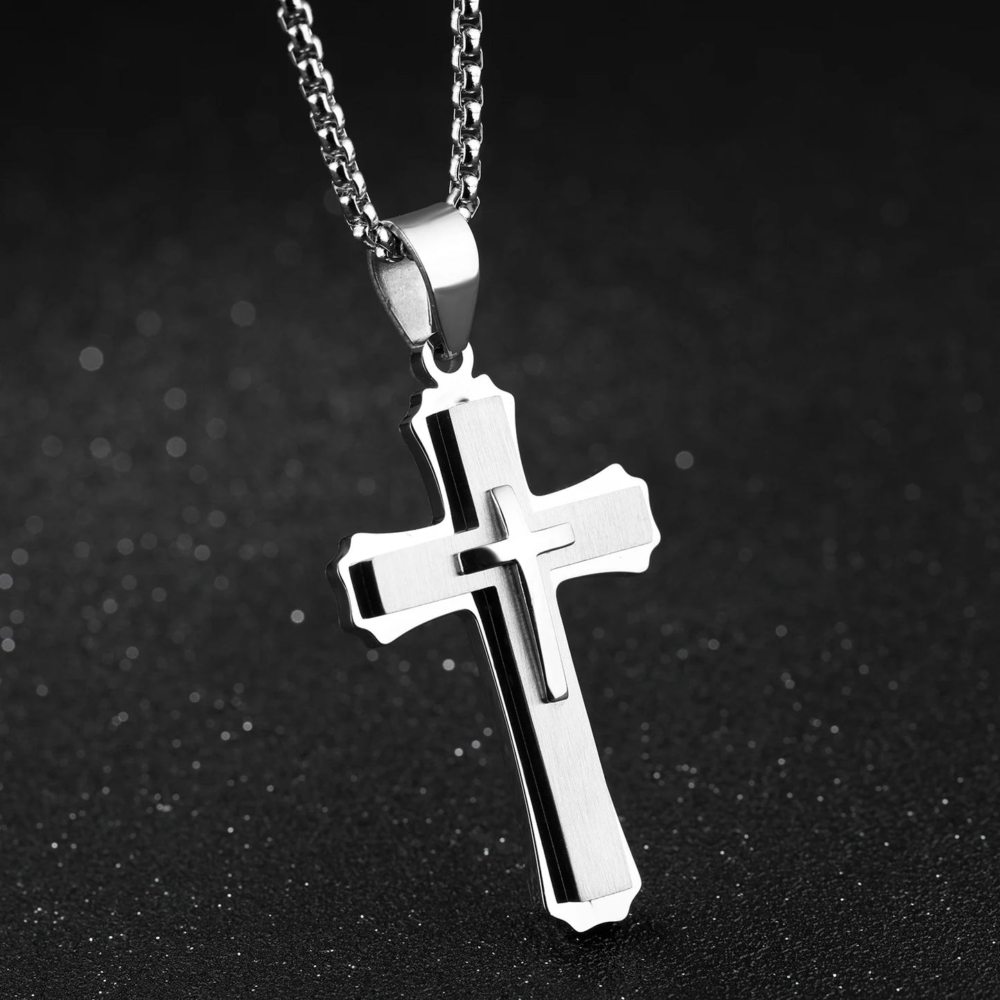 Men’s Triple Layer Cross Necklace – Vintage Titanium Steel Chain with Bold Gothic Style, Gift for Husband, Dad or Boyfriend