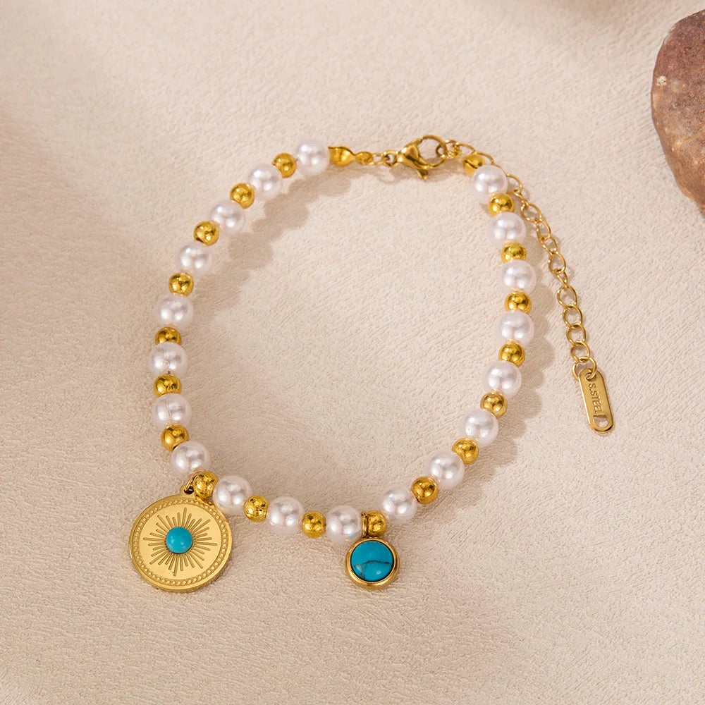 Vintage French Style Geometric Pearl Turquoise Bracelet – Creative Stainless Steel Chain Jewelry for Women