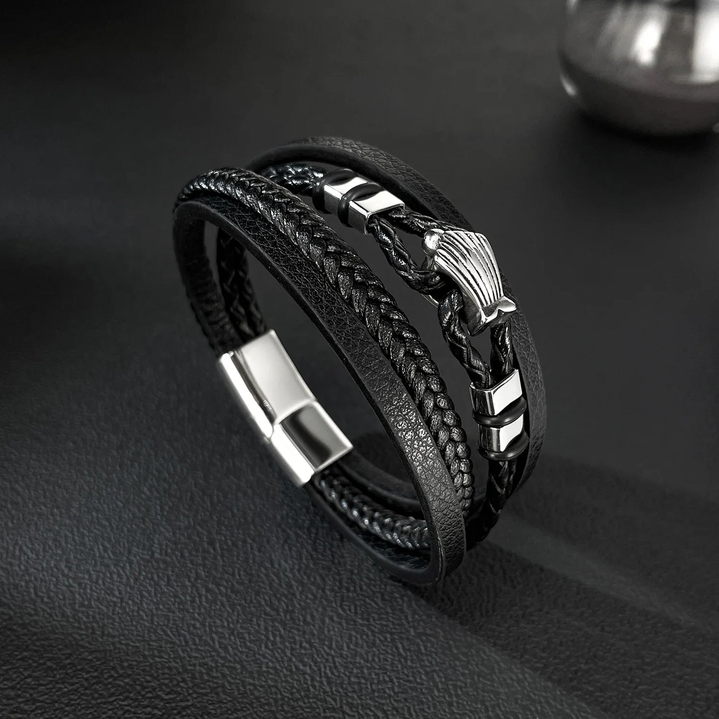 Men’s Punk Style Leather Bracelet – Multi-Layer Braided Wristband with Stainless & Titanium Steel, Bold Fashion Design