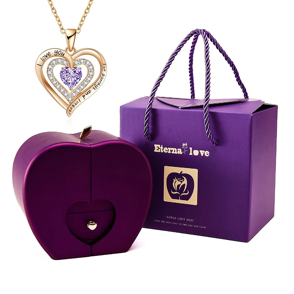 Hot Romantic Sakura Pink Eternal Rose Jewelry Box & Heart Gemstone Stainless Steel Necklace Mother's Day Surprise Gift for Women